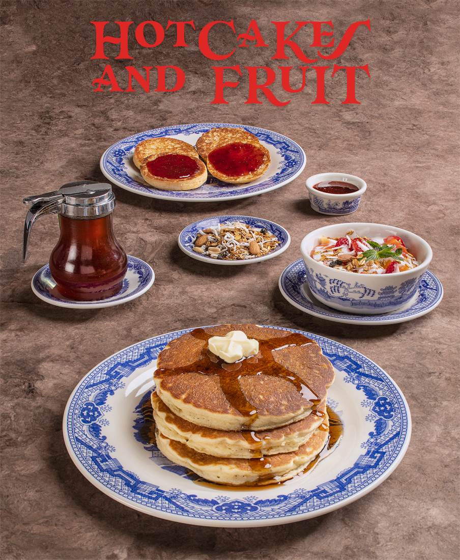 Hot Cakes, Bread and Fruit